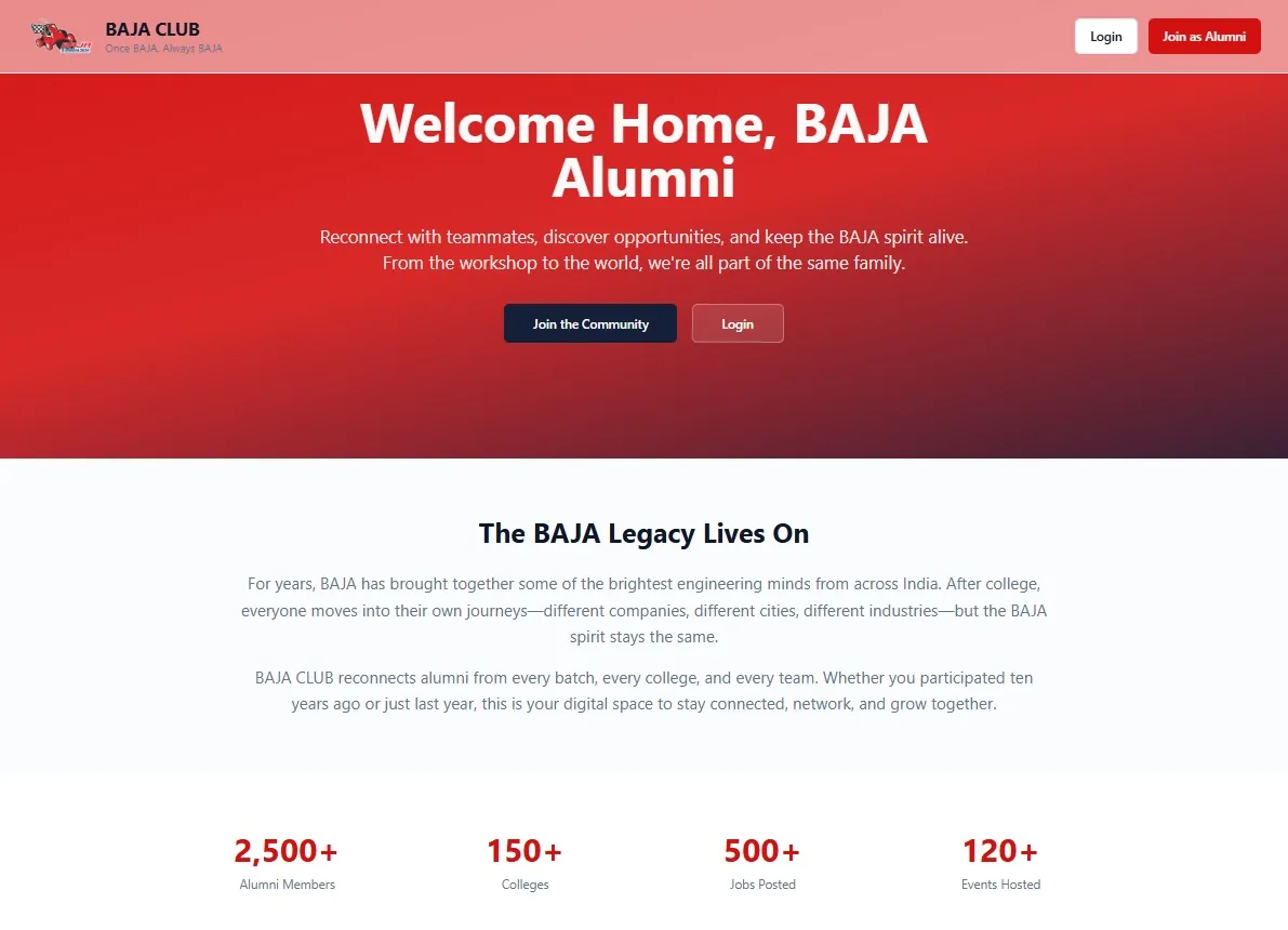 Concept preview of the upcoming BAJA Club platform - Welcome Home, BAJA Alumni